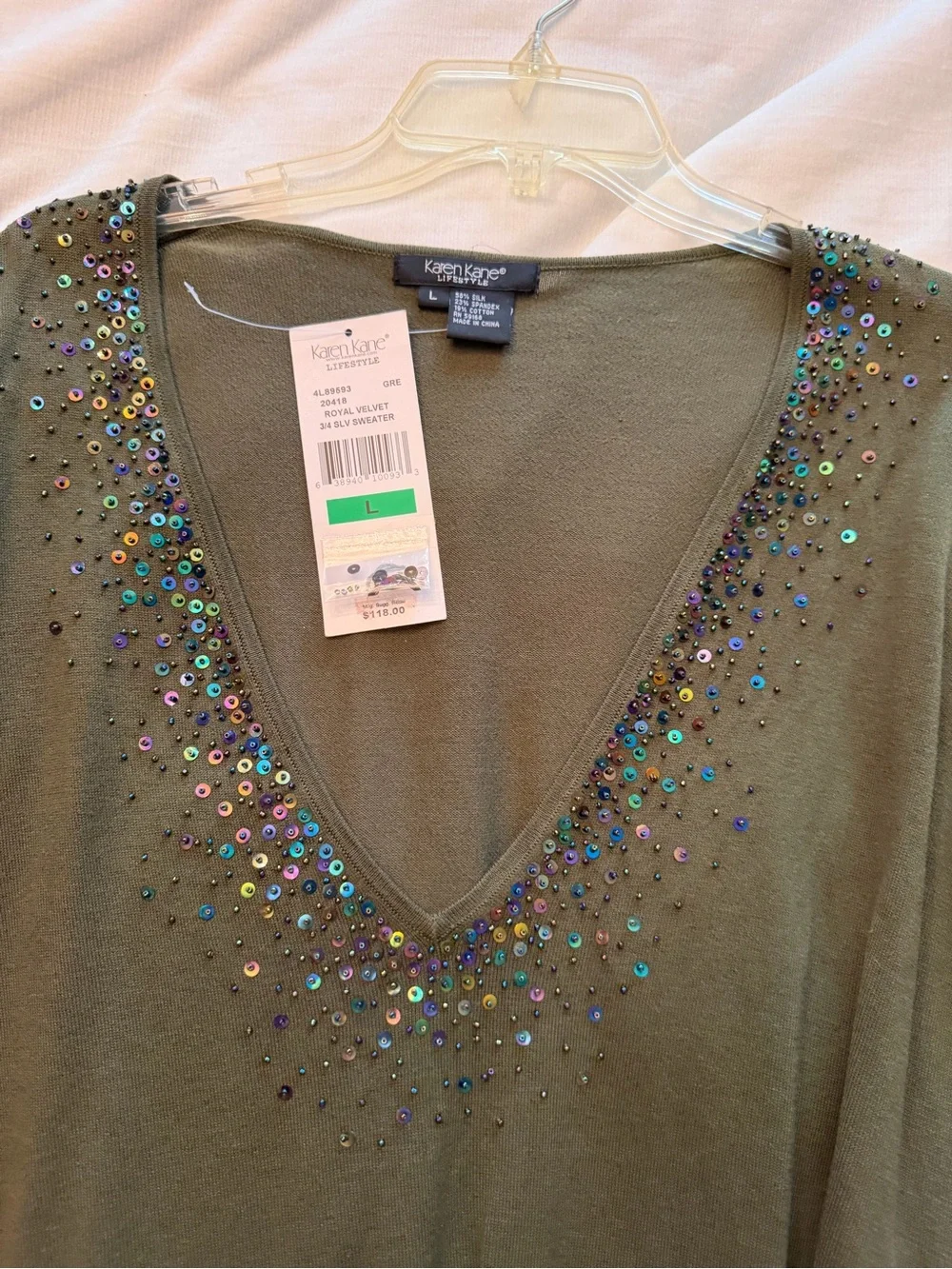 Karen Kane Olive Green Knit Top with Subtle Sheen - Picture 1 of 8